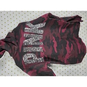 Victorias Secret Pink Red Camo Camouflage BLING SEQUINED Sherpa Hoodie Sweater L